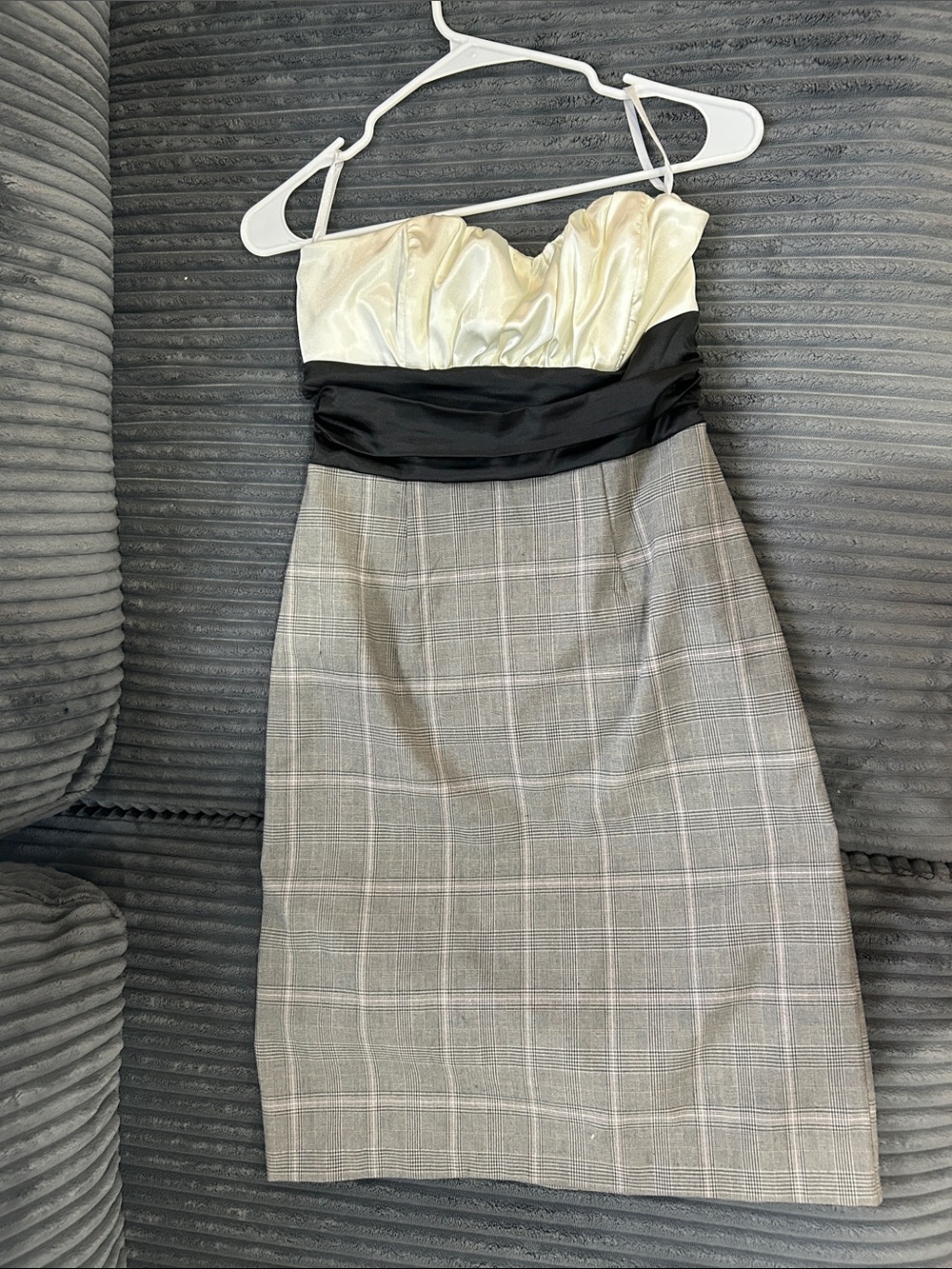 Alyn Paige Strapless Dress in Cream, Black & Gray Plaid